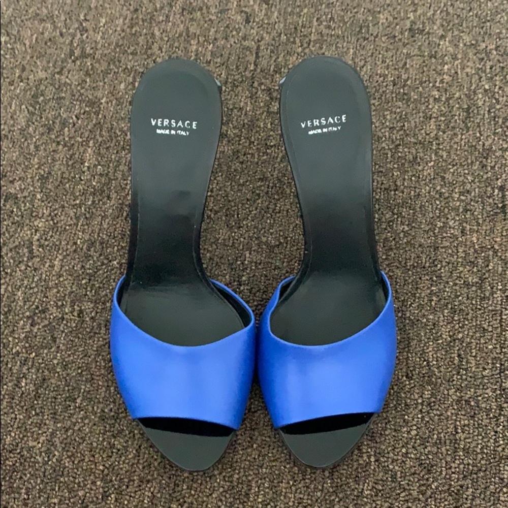 Blue and black Versace mules